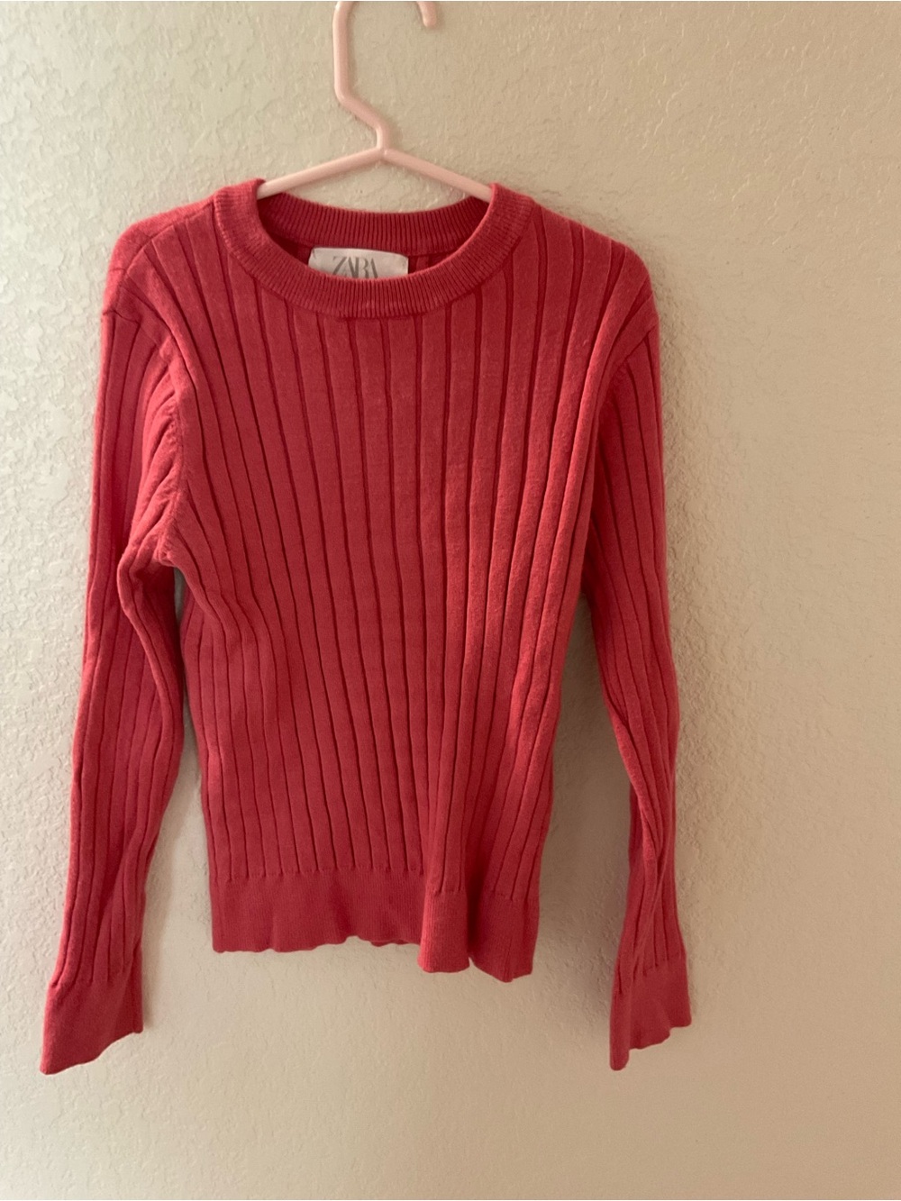 Zara Coral Pink Ribbed Crewneck Sweater